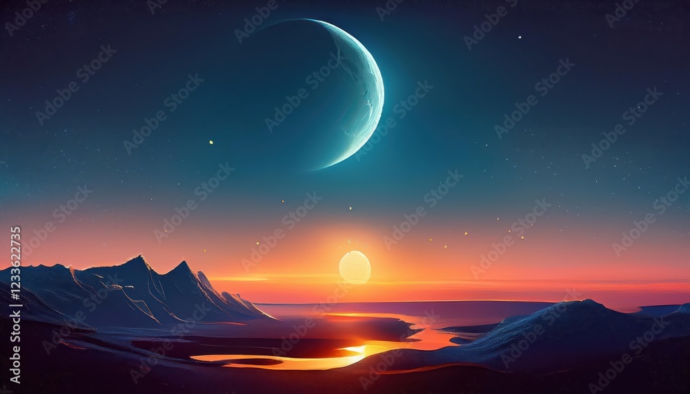 Majestic Sunset Collides with Luminous Moonscape, Casting a Dreamy Mood over Tranquil Natures Symphony, Evoking Peaceful Serenity and Awe in a Stunning Nighttime Tableau. Majestic Sunset Collides with Luminous Moonscape, Casting a Dreamy Mood over Tranquil Natures Symphony, Evoking Peaceful Serenity and Awe in a Stunning Nighttime Tableau.