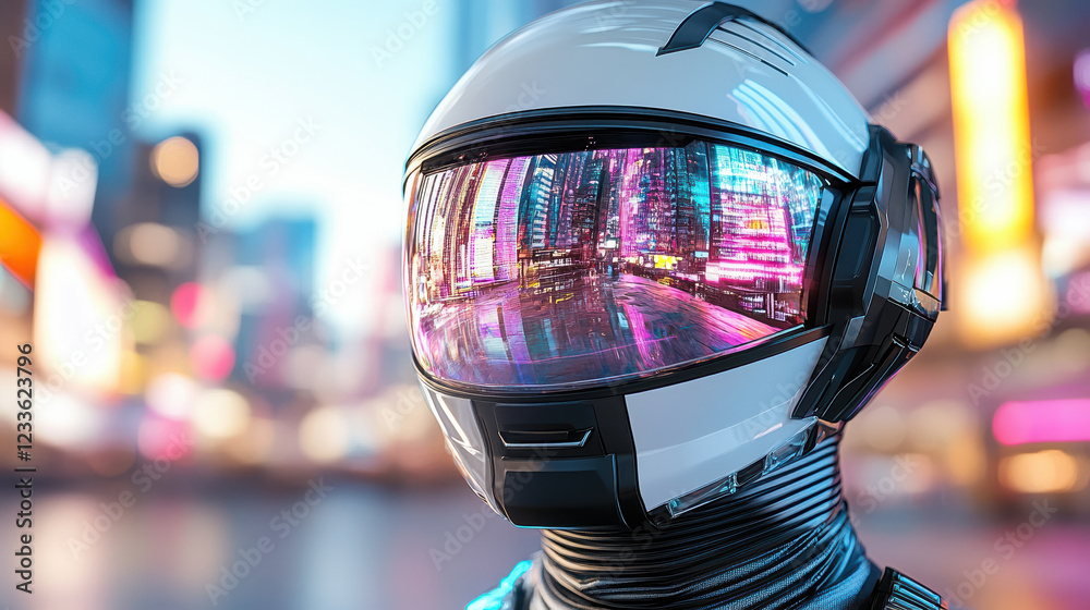 futuristic cyberpunk helmet with mirrored visor reflecting city lights futuristic cyberpunk helmet with mirrored visor reflecting city lights