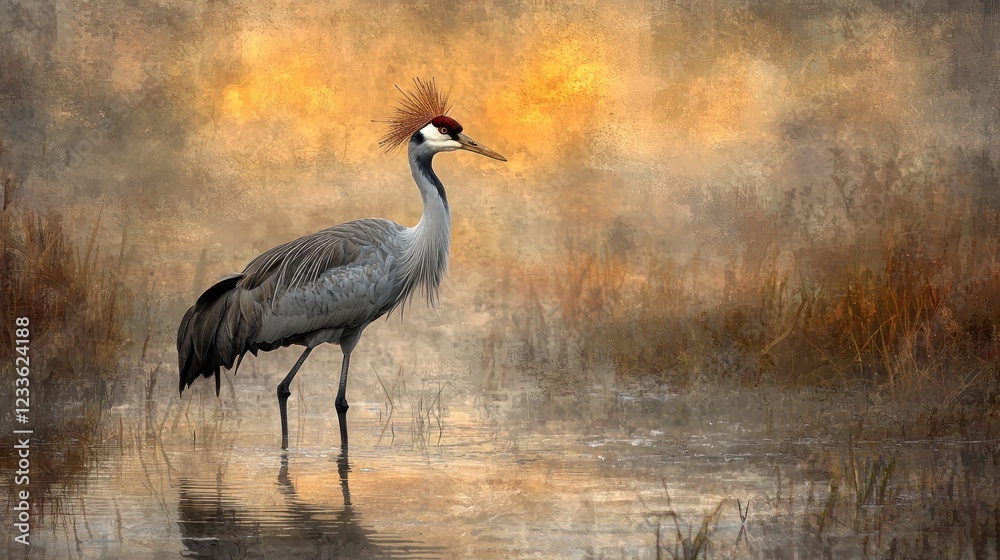 Obraz premium Demoiselle crane wading in shallow water at sunrise.
