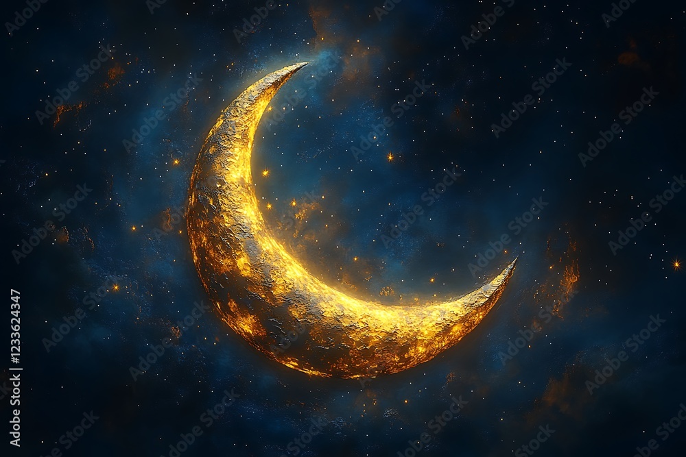 Radiant golden crescent moon shining in a starry night sky
Radiant golden crescent moon shining in a starry night sky