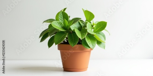 Angled terracotta pot in golden light, resting on pristine white, captures earthy elegance with its rich textures and subtle shadows photo