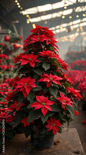 Beautiful Xmas Tree with Snow Decorated With Red Flowers Holiday Festive Christmas Background On Blurry Background