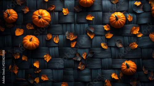 Autumn Still Life  Pumpkins  Leaves  Dark Woven Background