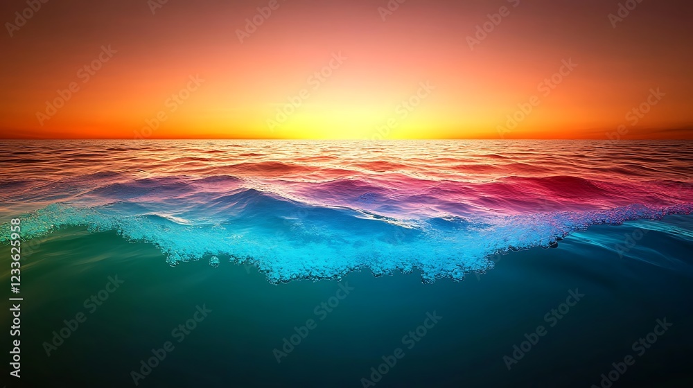 Obraz premium Serene sunset over calm ocean waters with vibrant colors reflecting on the surface