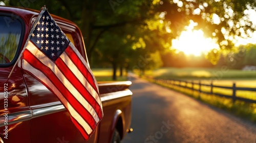 Vintage Red Pickup Truck with American Flag in Countryside at Sunset with Warm Light and Green Trees