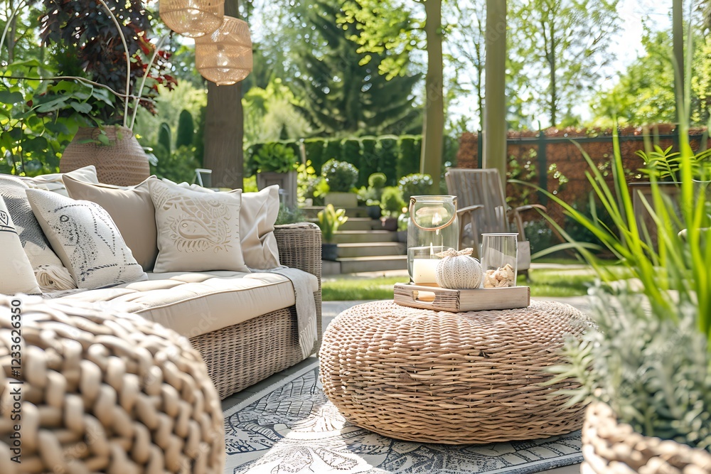 Fototapeta premium Beautiful rattan garden with wicker furniture and soft pillows