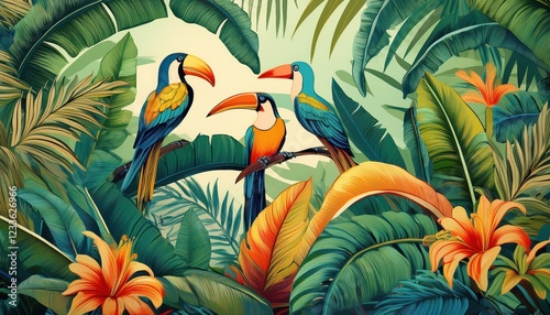Vibrant Tropical Jungle Wallpaper Showcasing Banana Palms, Lush Greenery, and Colorful Birds Amidst the Exotic Beauty of a Tropical Paradise, Perfect for Desktop Backgrounds or Home Decor.