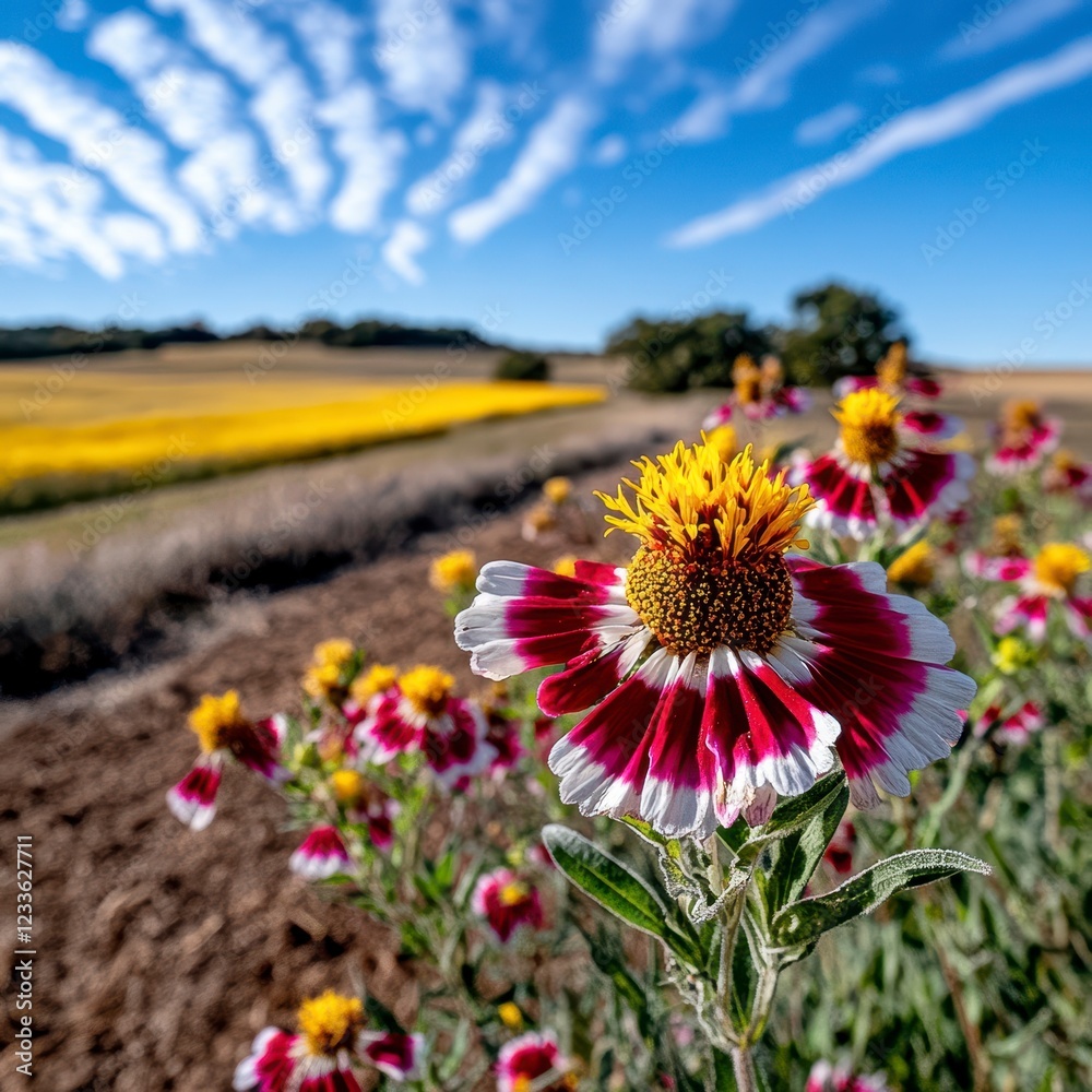 Fototapeta premium Vibrant Wildflowers Blooming Under a Blue Sky with Wispy Clouds
