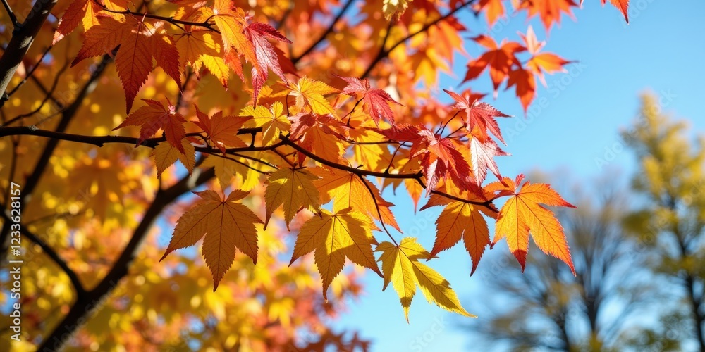 Vibrant orange and red maple leaves against a tranquil blue sky; delicate branches weave through the lush canopy in the top left Vibrant orange and red maple leaves against a tranquil blue sky; delicate branches weave through the lush canopy in the top left