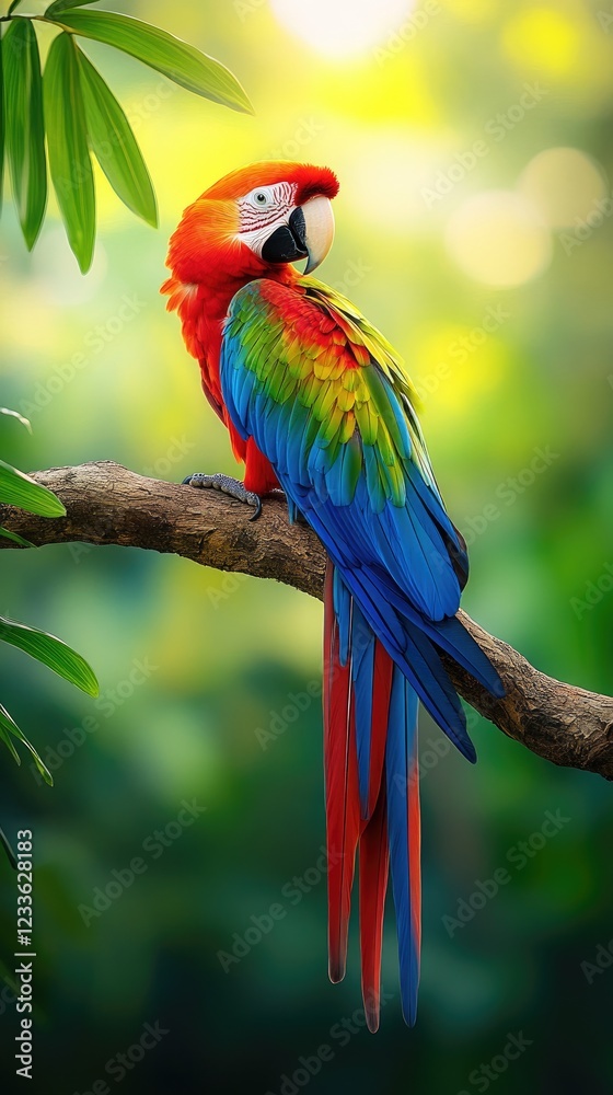 Obraz premium Vibrant Parrot Perched on Branch in Lush Forest Setting with Colorful Foliage and Natural Beauty