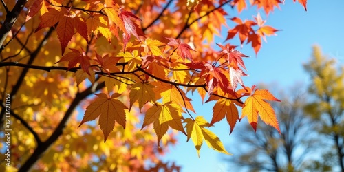 Vibrant orange and red maple leaves against a tranquil blue sky; delicate branches weave through the lush canopy in the top left photo