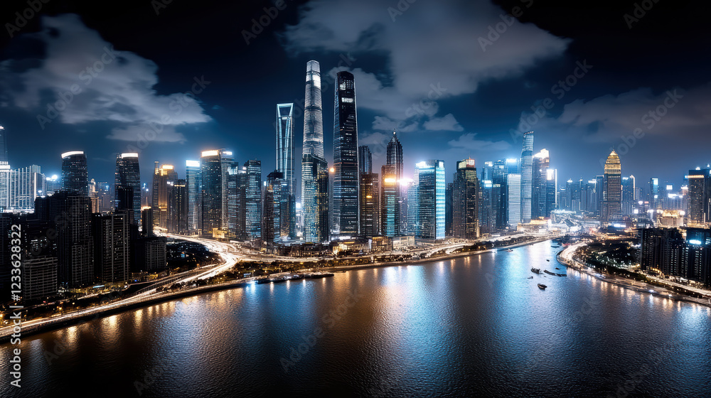 Fototapeta premium futuristic cityscape in Shanghai with towering skyscrapers at night