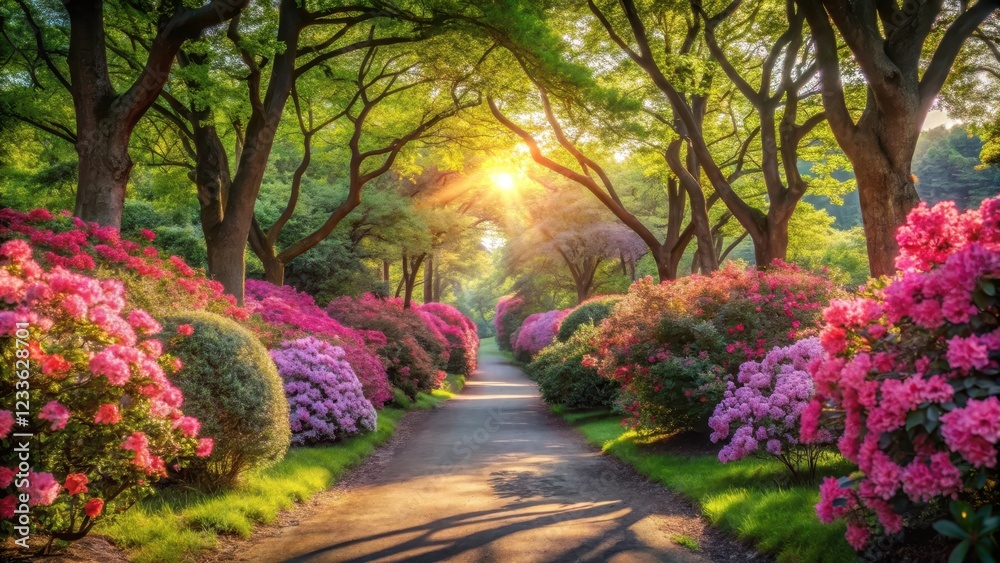 serene pathway in park surrounded by vibrant pink flowers under warm sunlight with lush greenery and towering trees, serene pathways, nature walks serene pathway in park surrounded by vibrant pink flowers under warm sunlight with lush greenery and towering trees, serene pathways, nature walks