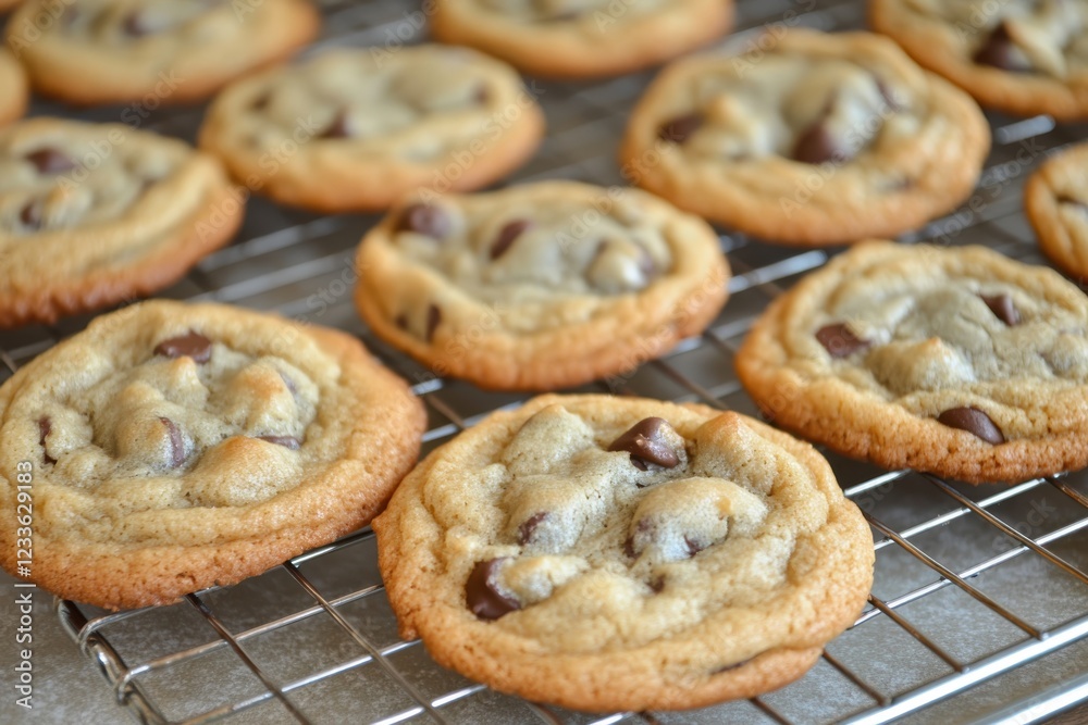 Freshly Baked Chocolate Chip Cookies Cooling on a Rack with Soft, Chewy Texture, Perfectly Golden Brown and Loaded with Miniature Chocolate Chips Freshly Baked Chocolate Chip Cookies Cooling on a Rack with Soft, Chewy Texture, Perfectly Golden Brown and Loaded with Miniature Chocolate Chips