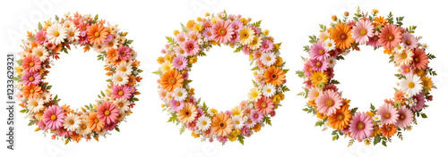 Set of three floral wreaths with vibrant daisies and greenery
