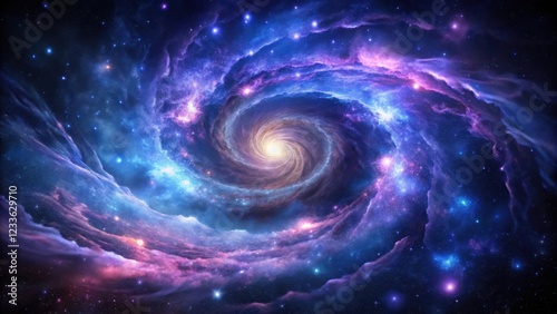 A swirling vortex of purple and blue gas clouds amidst a starry black background, with glowing stars and a hint of cosmic dust in the foreground , galaxy, astrophysics