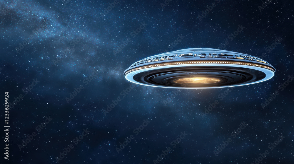 futuristic spaceship with metallic surface hovers in space, reflecting stars futuristic spaceship with metallic surface hovers in space, reflecting stars