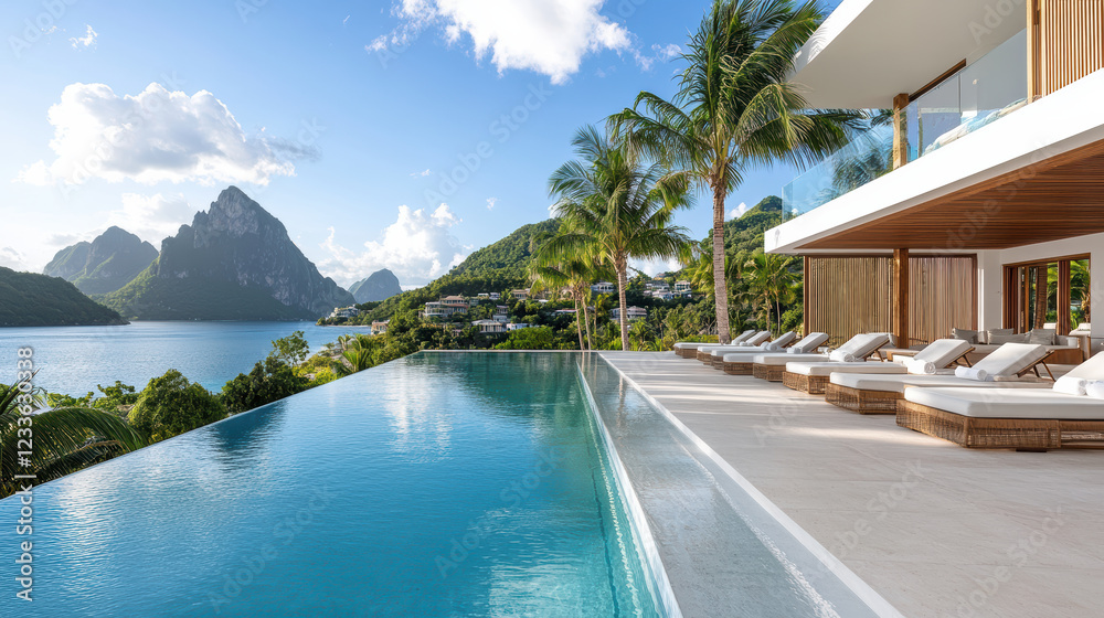 Fototapeta premium Luxurious villa with infinity pool overlooking mountains and ocean