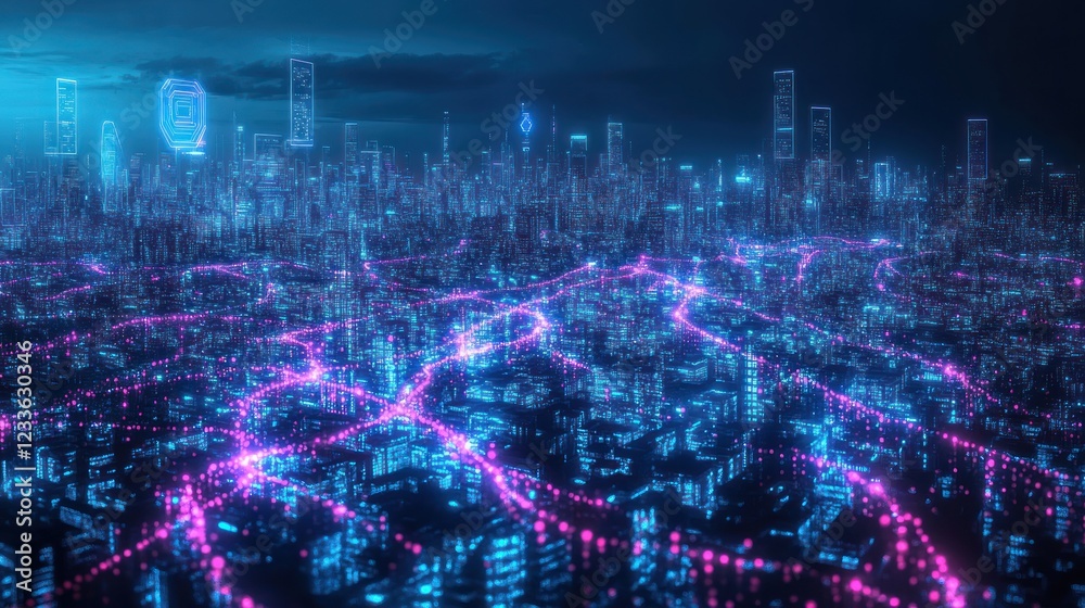 Obraz premium Futuristic cityscape illuminated by neon lights