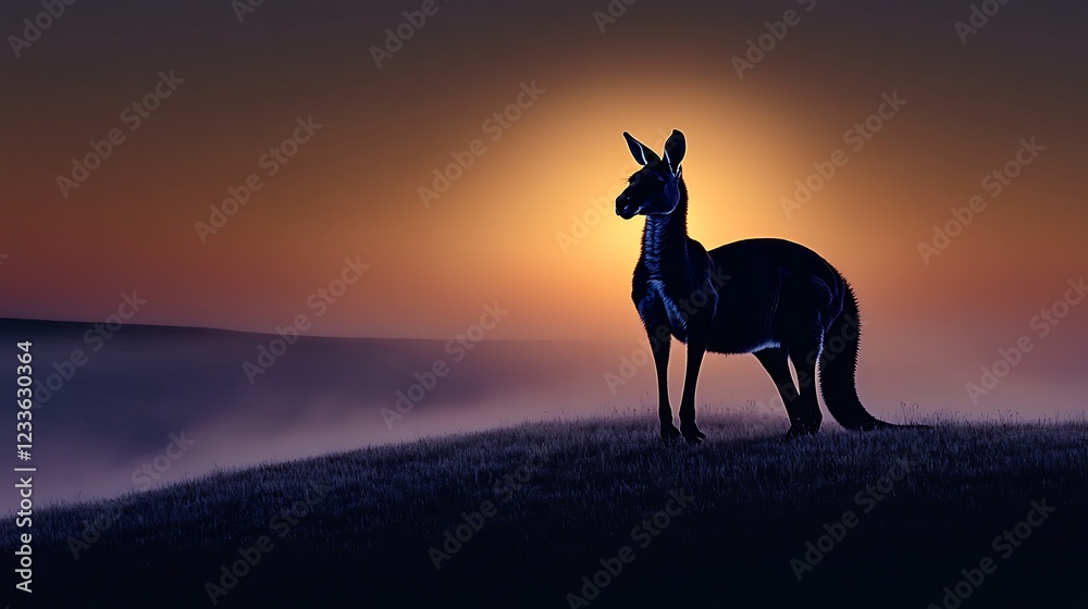 Fototapeta premium Silhouetted creature standing on a hill at sunset, with misty landscape in the background