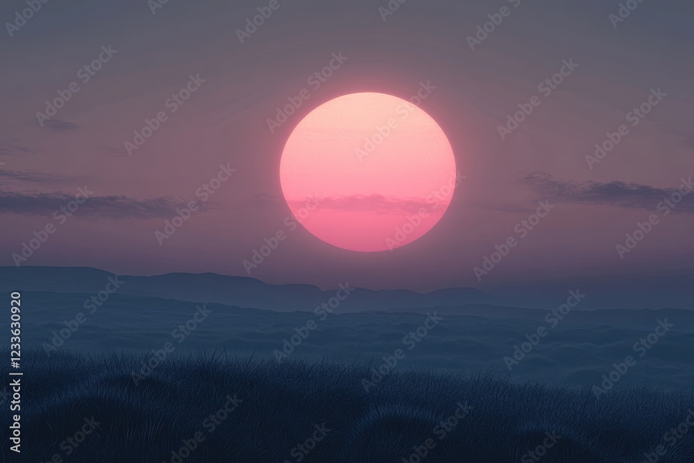 Pink sunset over misty field, serene landscape, digital art Pink sunset over misty field, serene landscape, digital art