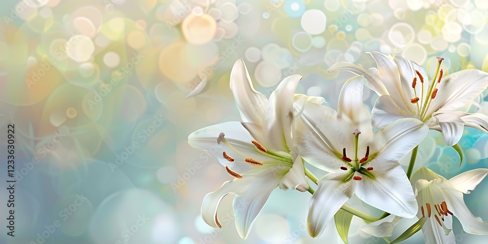Fototapeta premium Beautiful white lily flowers with bokeh effect. Floral background