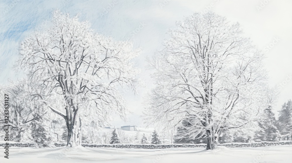 Snowy trees, winter landscape, serene background, idyllic scene, winter postcard Snowy trees, winter landscape, serene background, idyllic scene, winter postcard