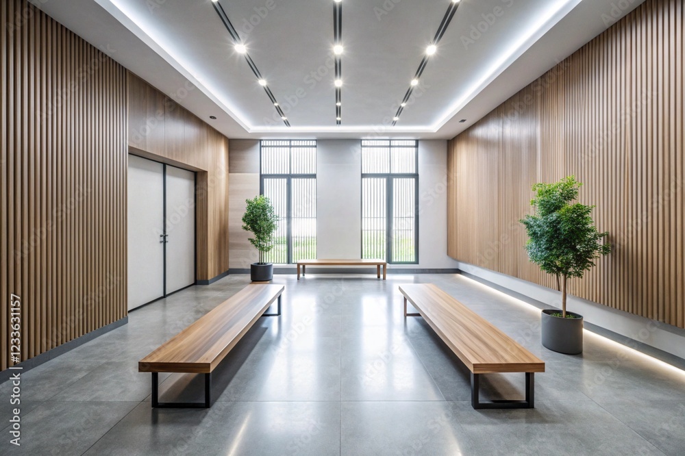 A large room with wooden walls and a wooden floor A large room with wooden walls and a wooden floor