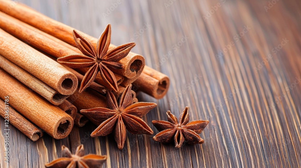 Aromatic Spices with Cinnamon Sticks and Star Anise on Wooden Background for Culinary Use and Herbal Remedies Aromatic Spices with Cinnamon Sticks and Star Anise on Wooden Background for Culinary Use and Herbal Remedies