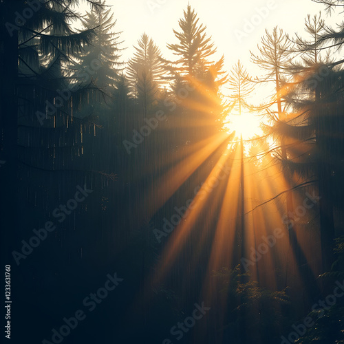 The sun penetrates the forest, illuminating trees adorned with rain-strewn foreground Sunrays permeate background trees as well photo