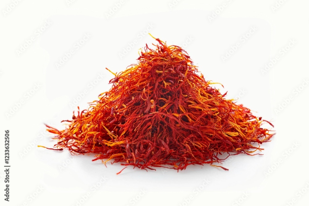 Naklejka premium close-up shot the vivid red-orange color of the saffron threads , is prominently displayed, showcasing the fine, delicate nature of the spice. Isolated on white background with clapping path full of d