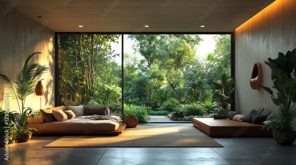 Fototapeta premium Serene Jungle Bedroom: Minimalist Design Meets Lush Greenery