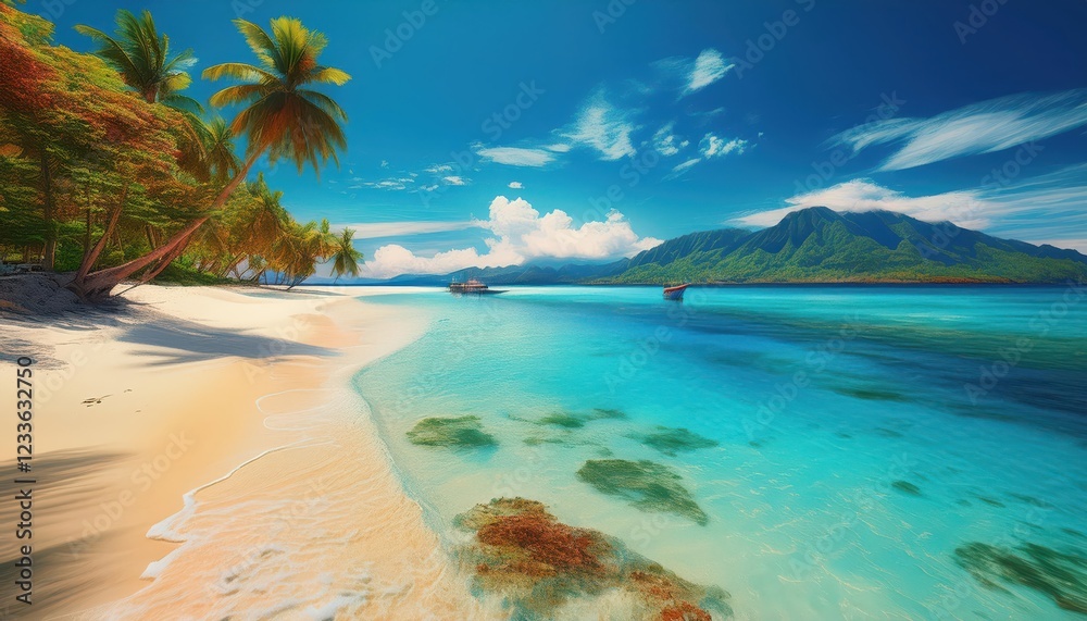 Fototapeta premium Mesmerizing Philippine Coastal Bliss Golden Hours Kiss the Picturesque Beachfront, Inviting a Calm and Serene Atmosphere for Digital Art, Home Decor, or Design Inspiration.