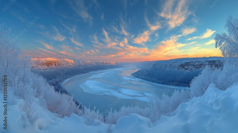 Fototapeta premium Stunning winter sunset over frozen river landscape