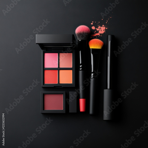 Professional cosmetic collection featuring blush palettes and brushes, showcasing vibrant colors on dark background. Perfect for makeup enthusiasts and professionals