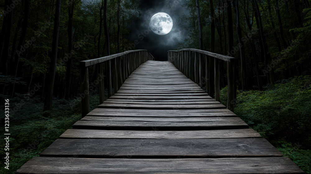 Obraz premium wooden bridge leads through dark forest under full moon, creating eerie atmosphere