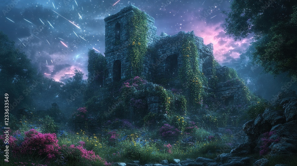 Obraz premium Enchanted ruins surrounded by lush flora under meteor shower