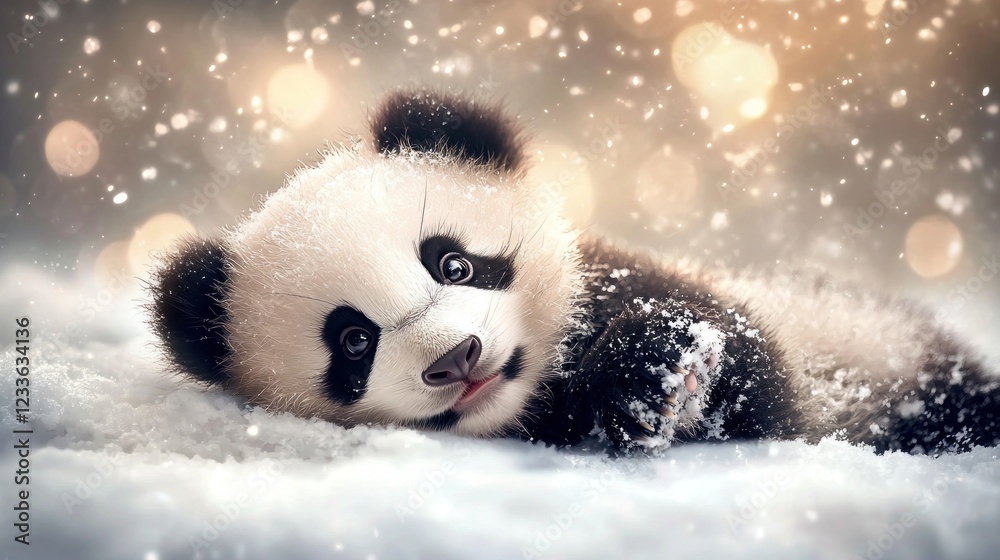 Adorable panda cub playing in snowy winter wonderland. (2) Adorable panda cub playing in snowy winter wonderland. (2)