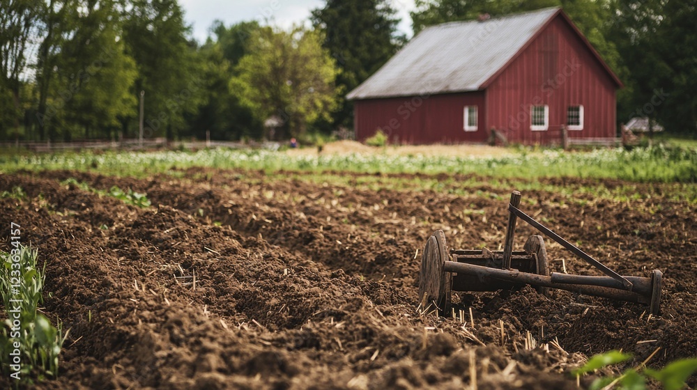 Rustic Farm Scene: Cultivated Field with Old Plow and Red Barn Rustic Farm Scene: Cultivated Field with Old Plow and Red Barn