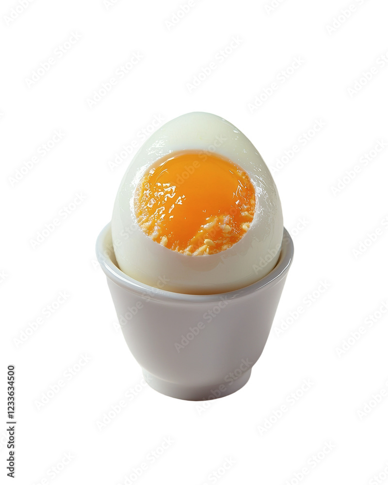 White egg with a yellow yolk is sitting in a white cup White egg with a yellow yolk is sitting in a white cup