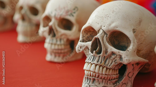 Colorful decorative skulls lined up on a vibrant surface, symbolizing themes of mortality and celebration. photo