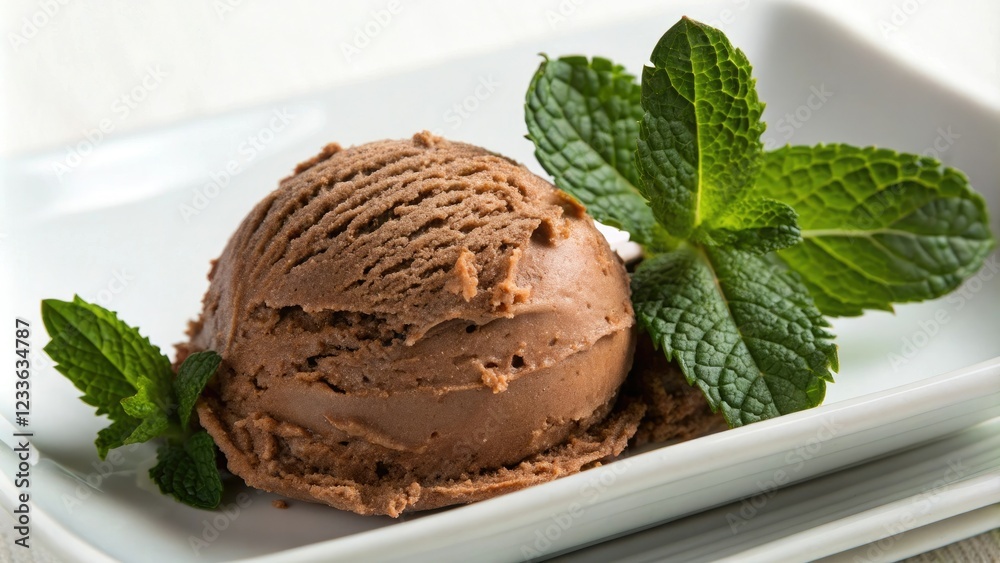 Scoop of chocolate ice cream with dark green mint leaves on top, ice cream, chocolate, dessert Scoop of chocolate ice cream with dark green mint leaves on top, ice cream, chocolate, dessert