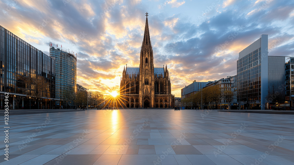 Obraz premium historic cathedral standing tall against dramatic sunset backdrop