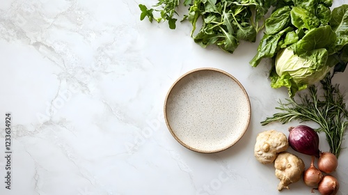 Fresh raw greens, vegetables and grains over light grey marble kitchen countertop, wtite ceramic plate in center
 photo