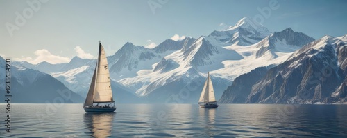 Sailing yacht on Lake Leman with snow-capped Mont Blanc as a stunning backdrop, tranquil, lake leman