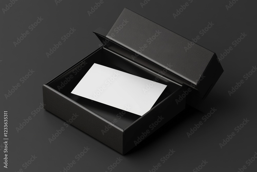 Blank white card inside open black box on dark background. Blank white card inside open black box on dark background.