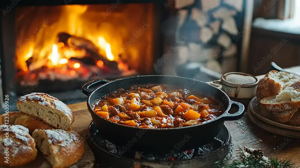 Cozy kitchen scene featuring a pot of stew simmering by a roaring fireplace with bread