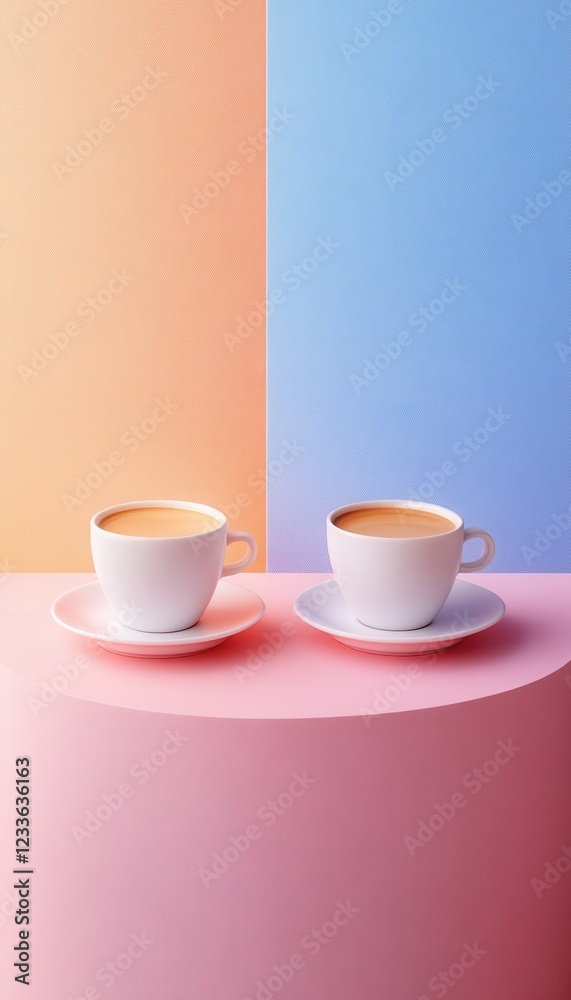 Obraz premium Two cups of coffee on a pink surface against a pastel background. A minimalist and stylish image perfect for cafes, coffee shops or morning vibes.