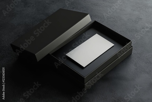Black box with blank white card inside, slightly opened on dark surface.