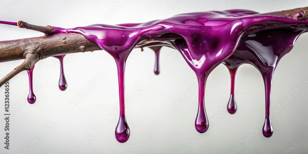 Naklejka premium Plum-colored slime dripping from a tree branch, branch, tree, foliage
